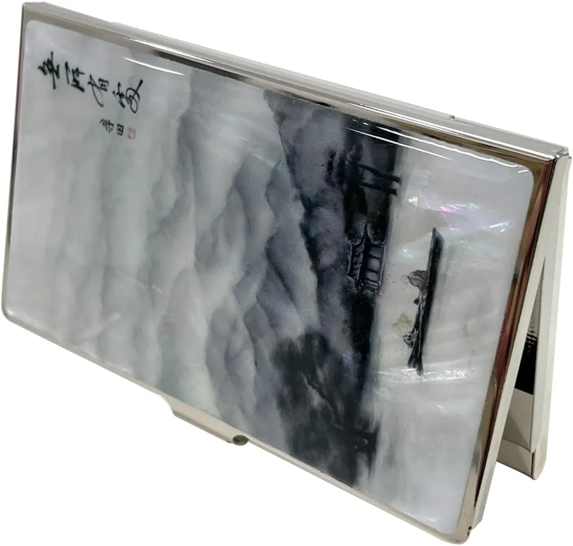 Mother of Pearl Business Card Case Credit Id Name Holder Travel Wallet Art Painting Design Metal Stainless Steel Engraved Slim Purse Pocket Cash Money Wallet (Lonely)