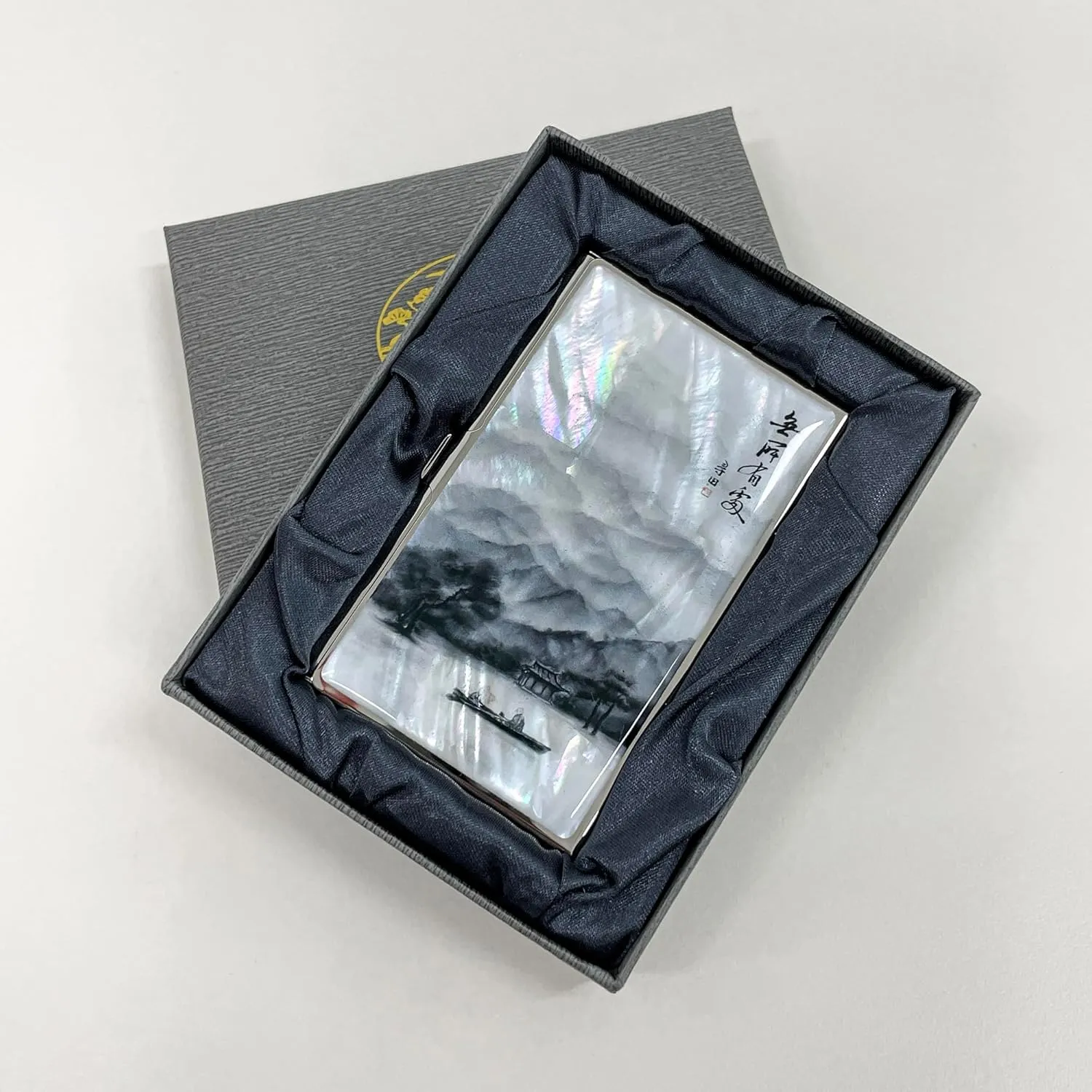 Mother of Pearl Business Card Case Credit Id Name Holder Travel Wallet Art Painting Design Metal Stainless Steel Engraved Slim Purse Pocket Cash Money Wallet (Lonely)