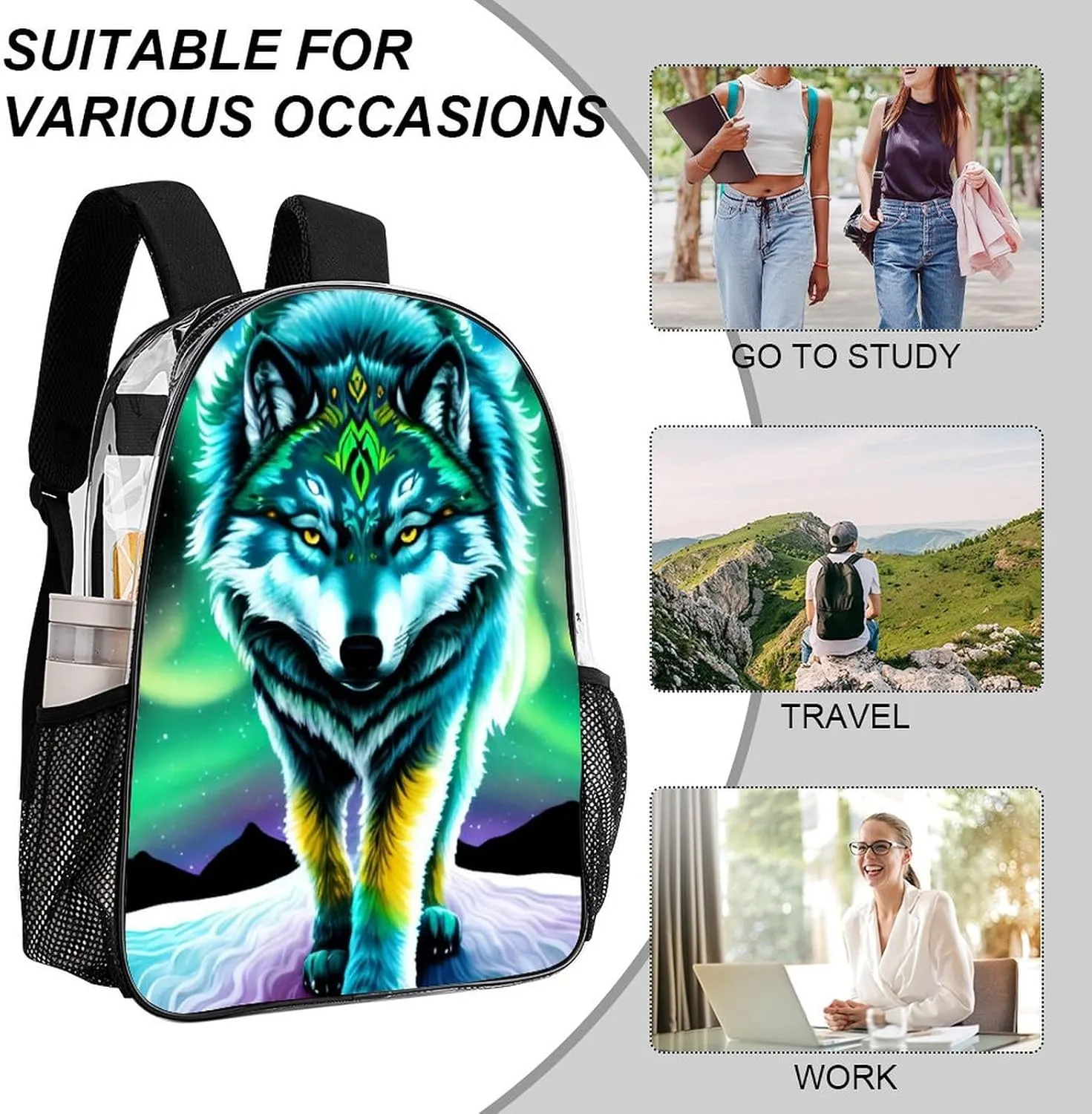 Mountain And Northern Light Wolves Psychedelic Art Daypack Backpack Transparent Anti-Theft Multipurpose Bookbag Big Capacity Travel Hiking & Camping Rucksack With Smooth Zippers