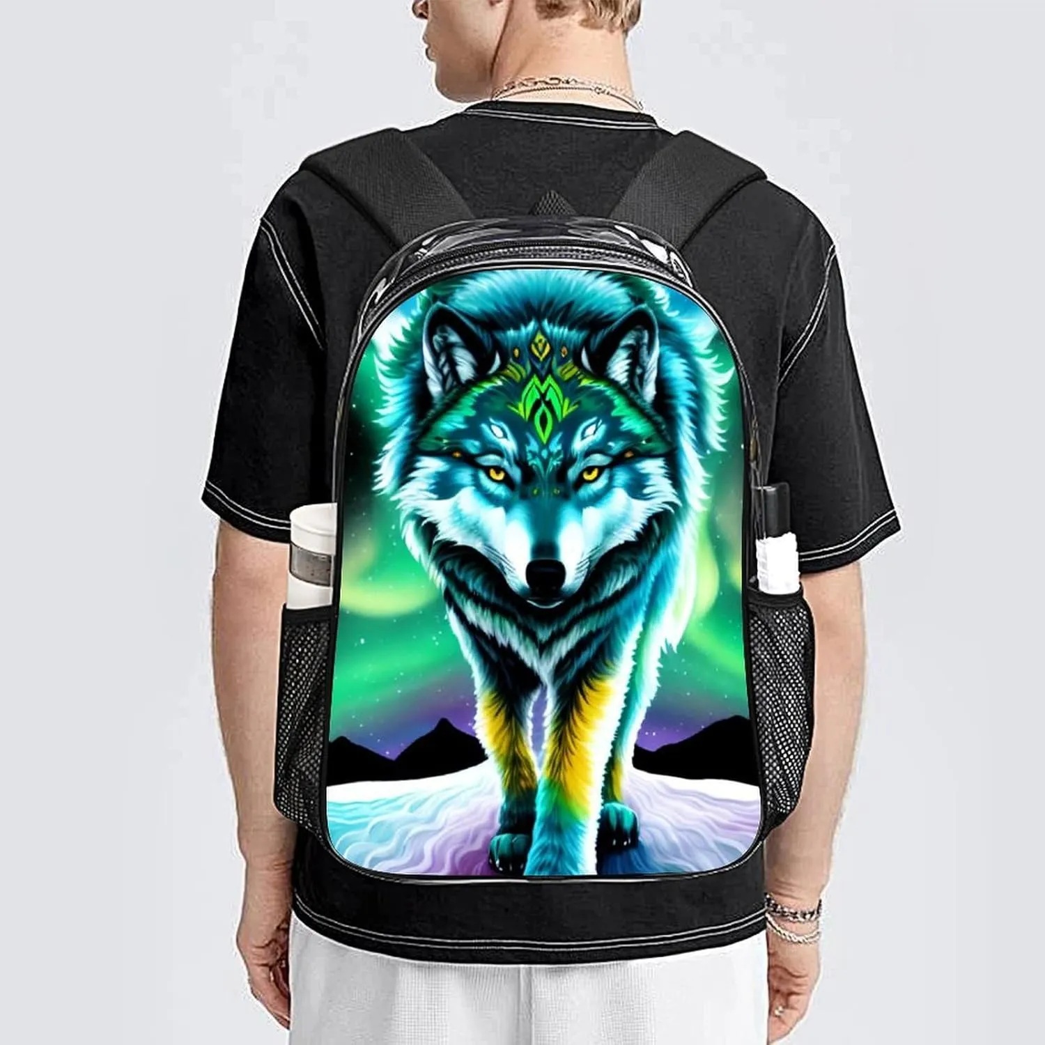 Mountain And Northern Light Wolves Psychedelic Art Daypack Backpack Transparent Anti-Theft Multipurpose Bookbag Big Capacity Travel Hiking & Camping Rucksack With Smooth Zippers