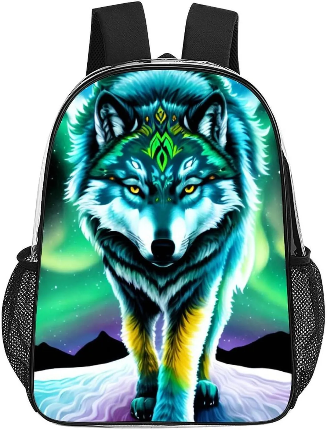 Mountain And Northern Light Wolves Psychedelic Art Daypack Backpack Transparent Anti-Theft Multipurpose Bookbag Big Capacity Travel Hiking & Camping Rucksack With Smooth Zippers