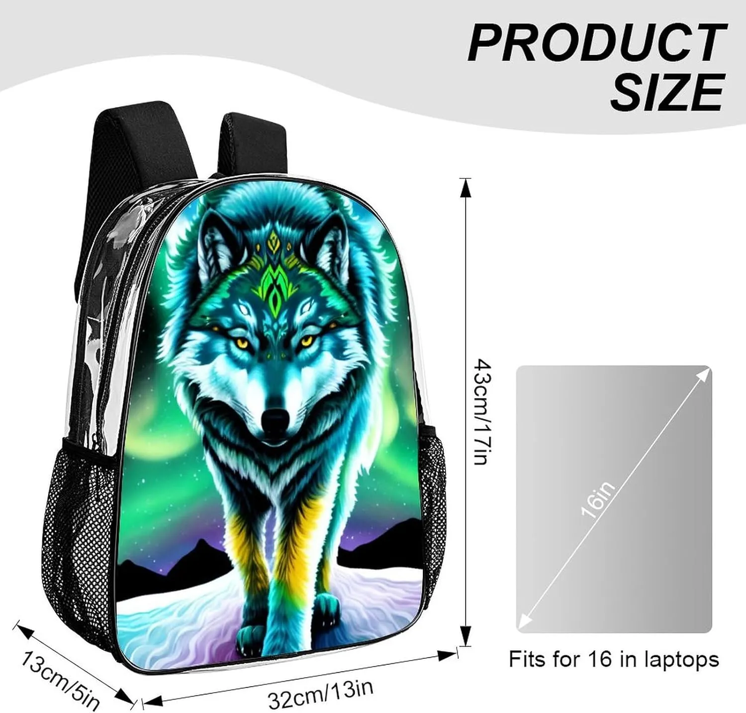 Mountain And Northern Light Wolves Psychedelic Art Daypack Backpack Transparent Anti-Theft Multipurpose Bookbag Big Capacity Travel Hiking & Camping Rucksack With Smooth Zippers
