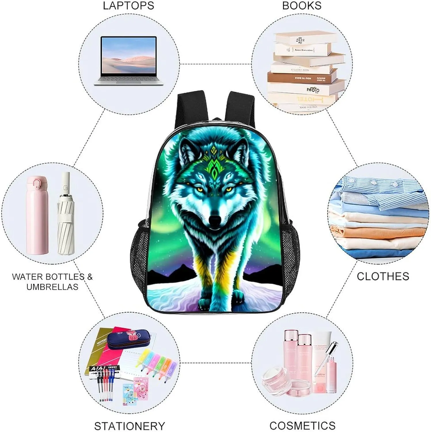 Mountain And Northern Light Wolves Psychedelic Art Daypack Backpack Transparent Anti-Theft Multipurpose Bookbag Big Capacity Travel Hiking & Camping Rucksack With Smooth Zippers