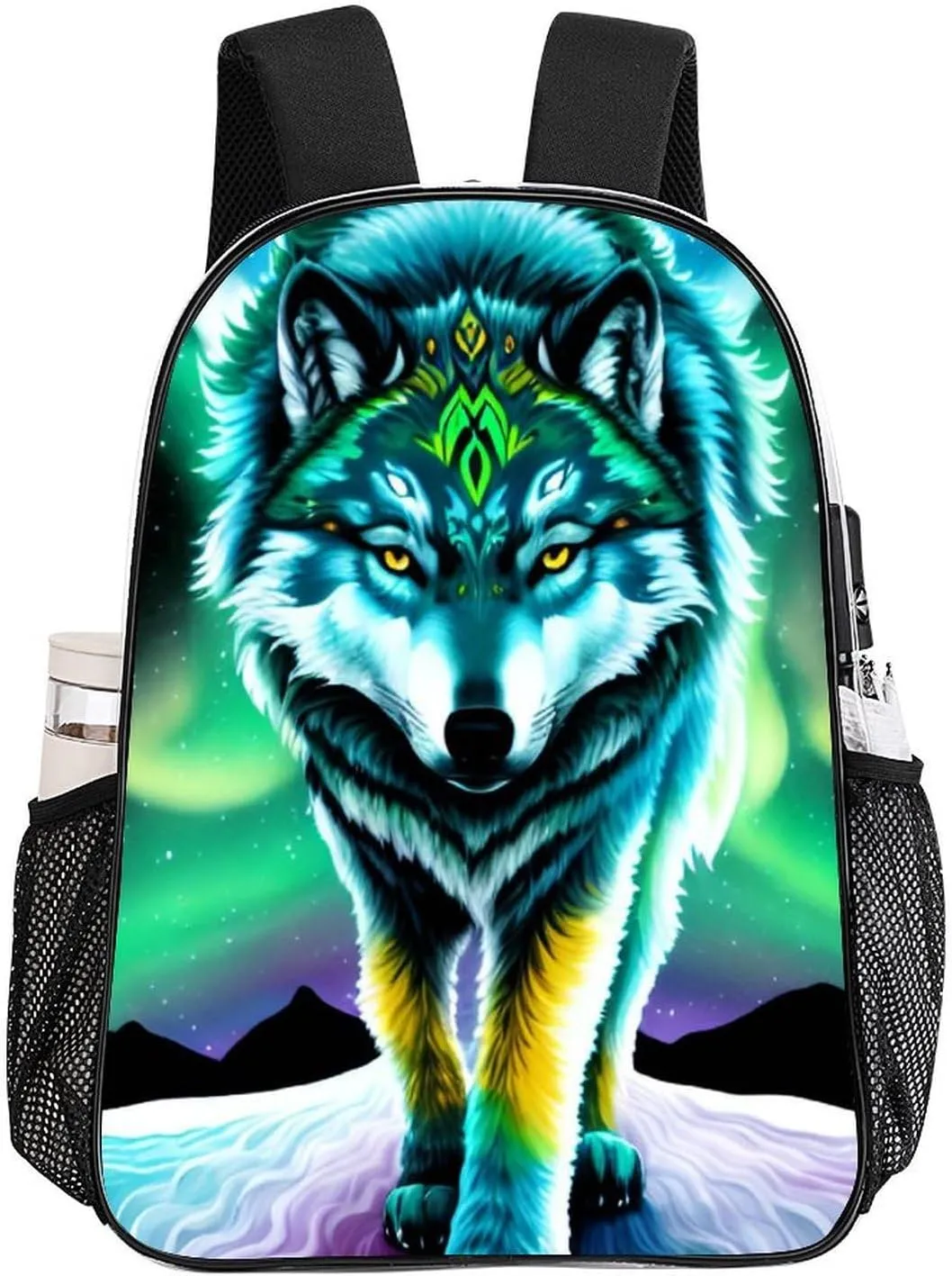 Mountain And Northern Light Wolves Psychedelic Art Daypack Backpack Transparent Anti-Theft Multipurpose Bookbag Big Capacity Travel Hiking & Camping Rucksack With Smooth Zippers