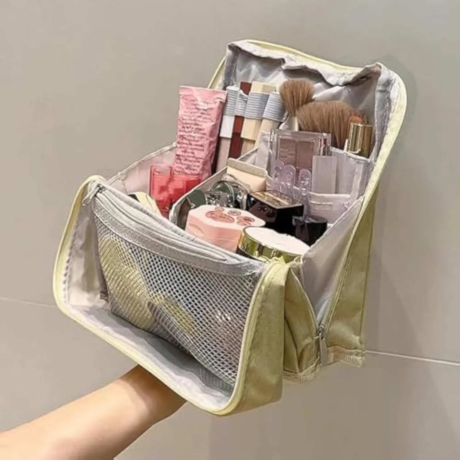 Multi-Purpose Large Capacity Oxford Cloth Standing Makeup Bag - Waterproof Cosmetic Organizer with Compartments, Travel Toiletry Bag, Black Standing Makeup Pouch for Storage (Beige)