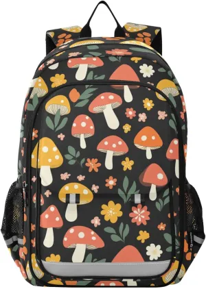 Mushrooms Flower Pattern Backpack for Boys Girls Elementary School Bag Kids Bookbag Travel Rucksack With Reflective Stripes