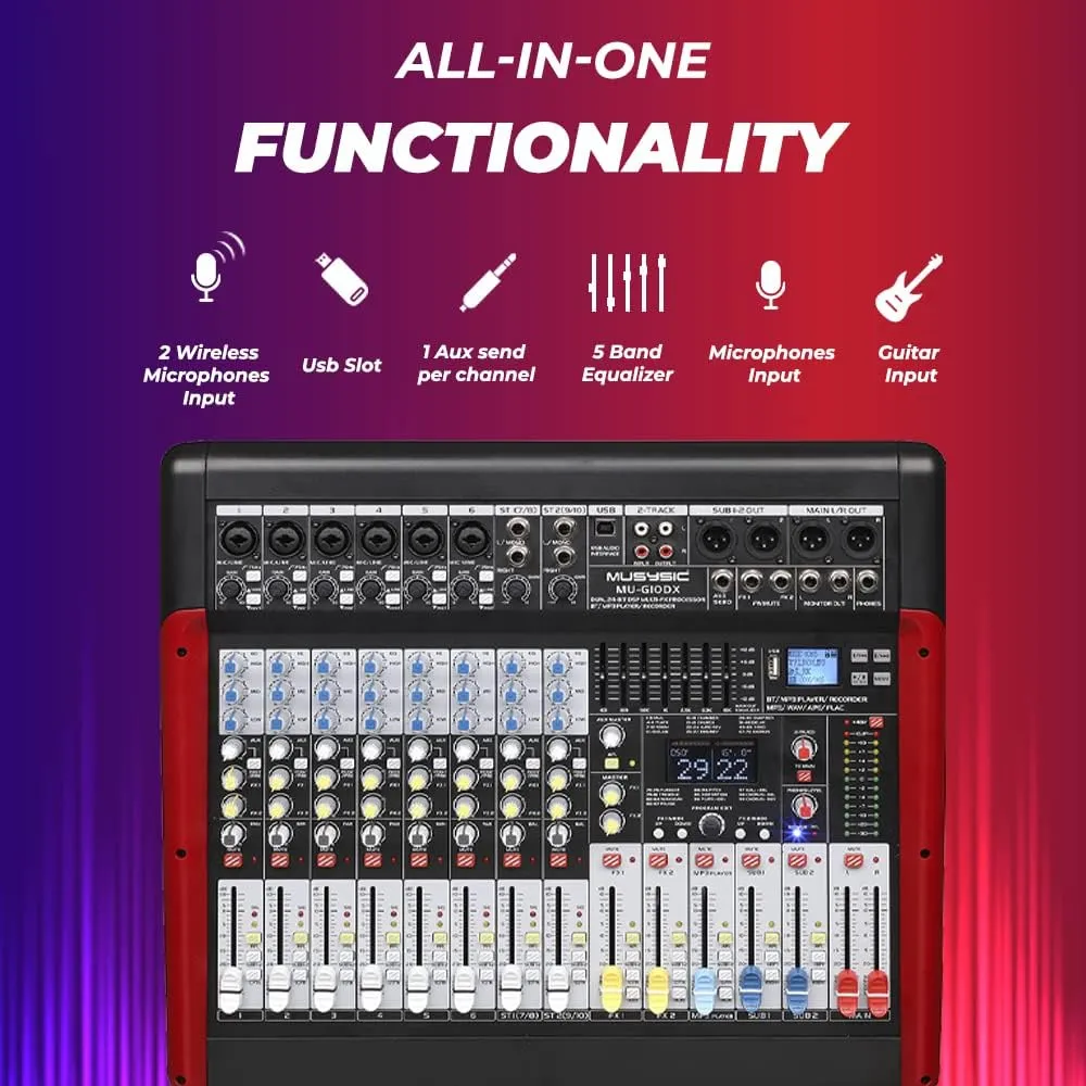 MUSYSIC PA Audio Mixer, Dual Bit FX Processor, 24 Built-in Preamp & Professional Amp, 99 Sound Effects USB/WMA/SD/MP3/Bluetooth Interface - DJ and Studio Gear with 66m Faders - 10 Channels 7 Band GEQ