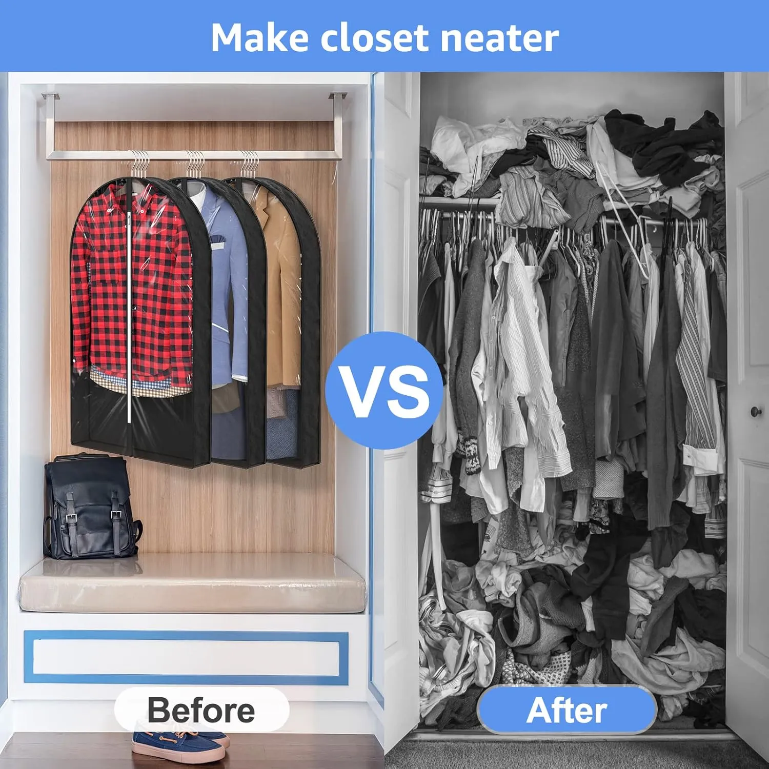 Myee 40" Garment Bags for Hanging Clothes Storage, Clear Suits Covers with 4" Gussetes for Traveling, Plastic Protector for Coat, Jacket, Sweater, Shirts, 3 Packs