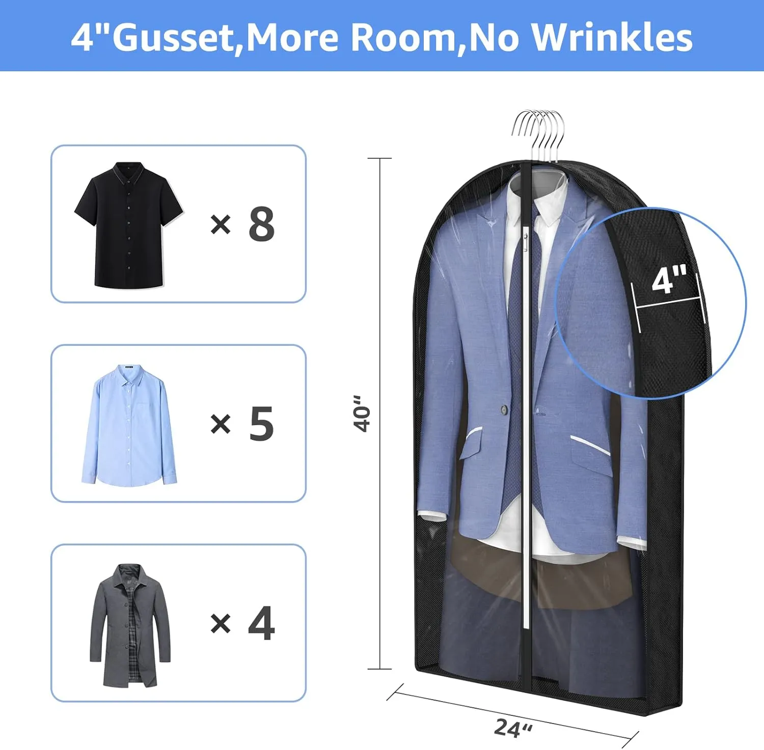 Myee 40" Garment Bags for Hanging Clothes Storage, Clear Suits Covers with 4" Gussetes for Traveling, Plastic Protector for Coat, Jacket, Sweater, Shirts, 3 Packs