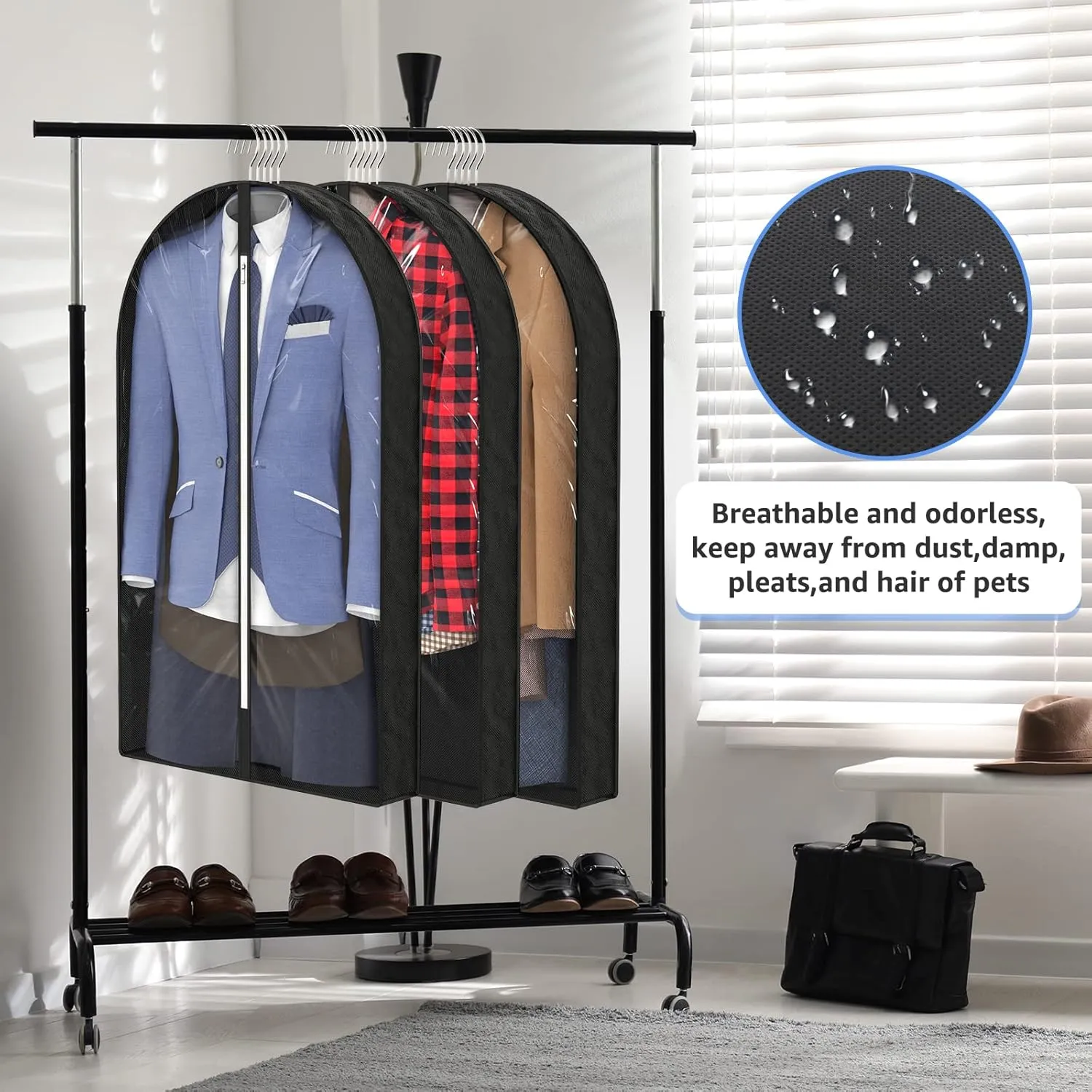 Myee 40" Garment Bags for Hanging Clothes Storage, Clear Suits Covers with 4" Gussetes for Traveling, Plastic Protector for Coat, Jacket, Sweater, Shirts, 3 Packs