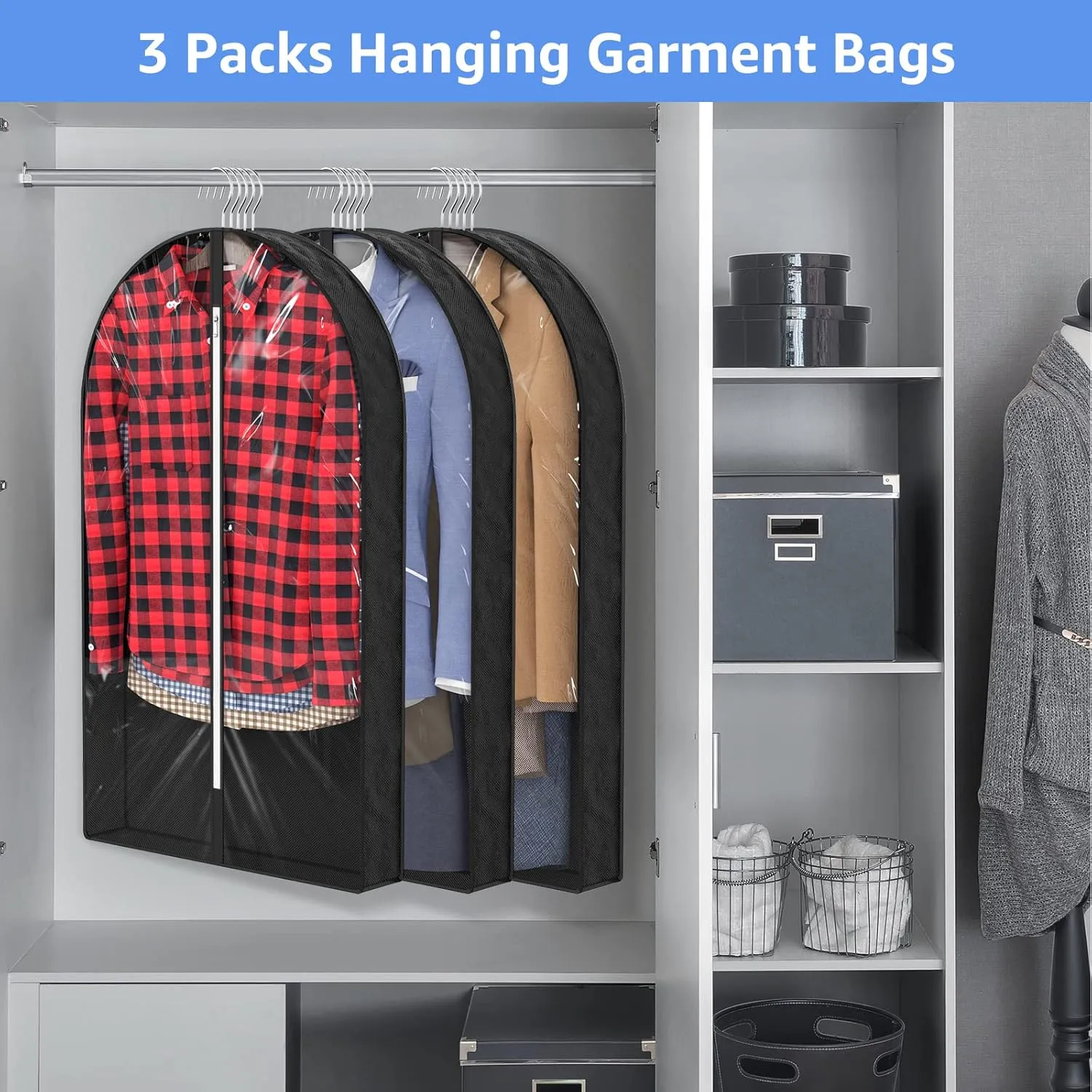 Myee 40" Garment Bags for Hanging Clothes Storage, Clear Suits Covers with 4" Gussetes for Traveling, Plastic Protector for Coat, Jacket, Sweater, Shirts, 3 Packs