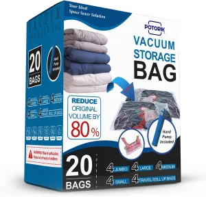 New Vacuum Storage Bags, Space Saver Bags, 20 Pack (4 Jumbo/4 Large/4 Medium/4 Small/4 Roll) Compression for Comforters and Blankets, Sealer Clothes Storage, Hand Pump Included.
