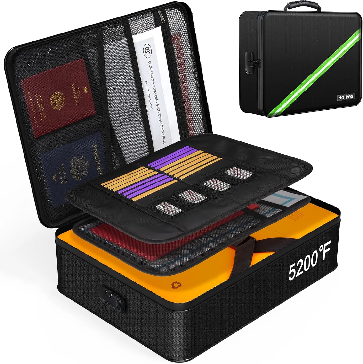 Noiposi Document Organizer with 5200℉ Heat Insulated,Waterproof and Fireproof Document Box with Lock, Home Travel Strong Fireproof Safe Storage Box for Letter Size Important Documents and File
