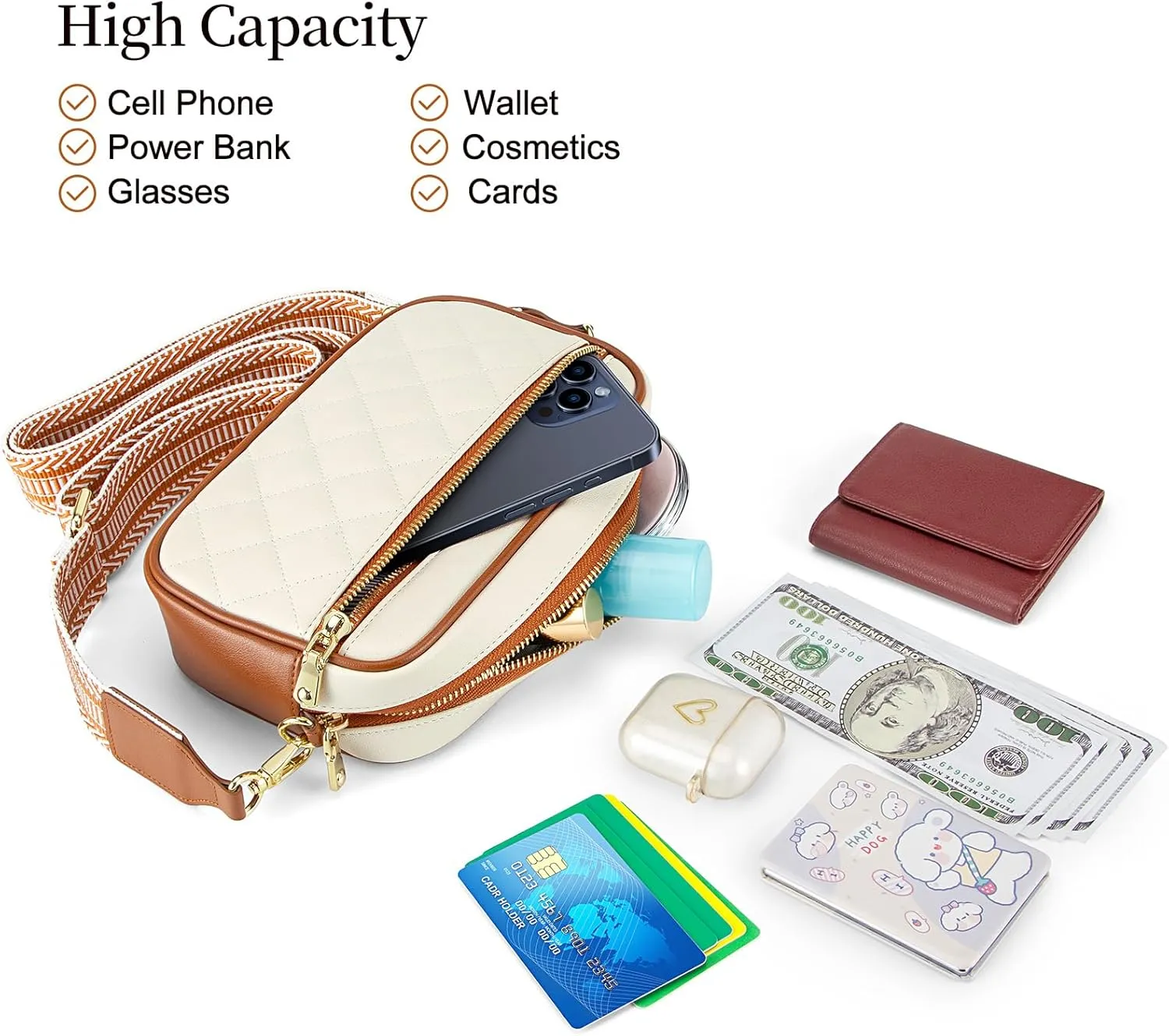 nuoku Quilted Crossbody Bags for Women Wallet Purse with Phone Pocket, Small Travel Purses Anti Theft, Wide Guitar Strap