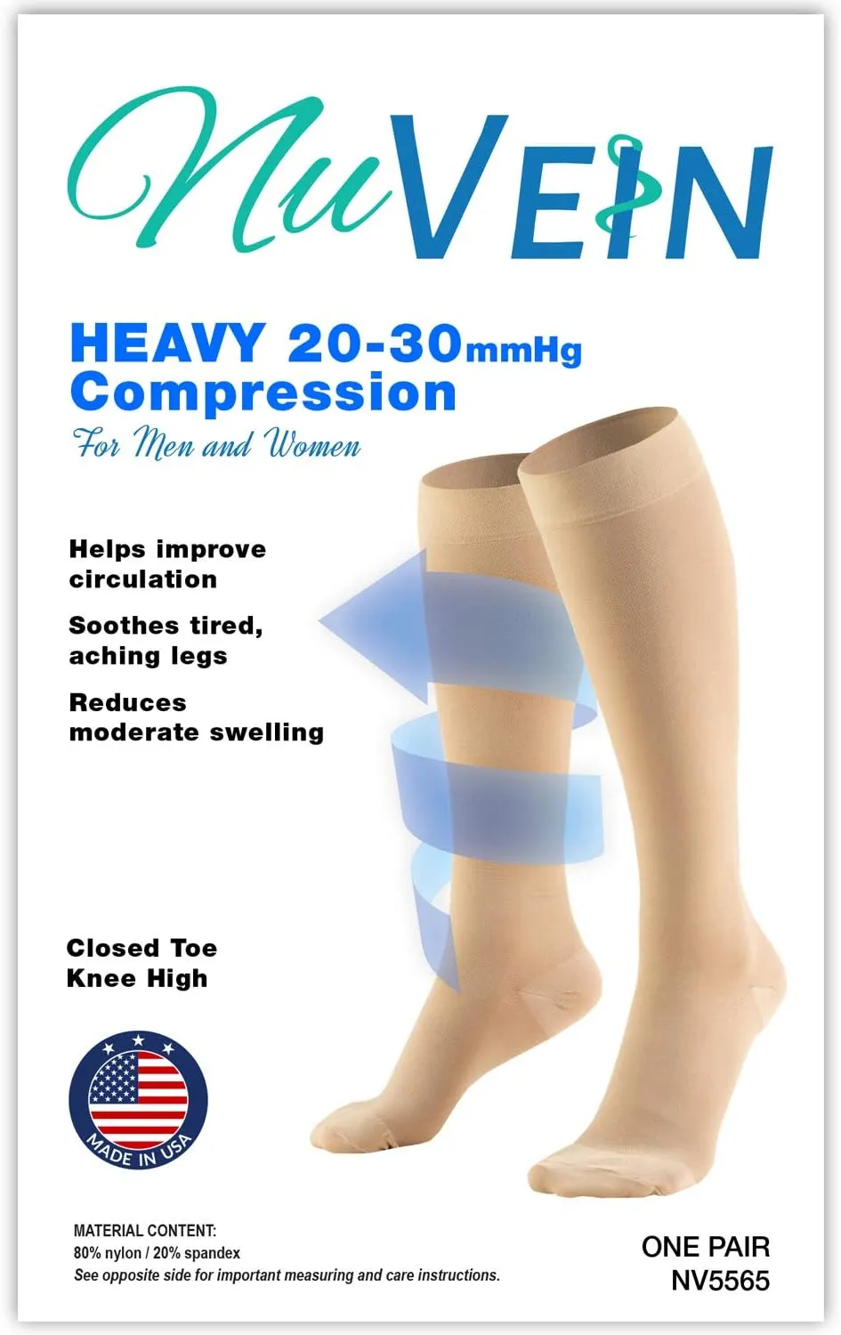 NuVein Medical Compression Stockings, 20-30 mmHg Support for Women & Men, Knee Length, Closed Toe, Beige, Medium