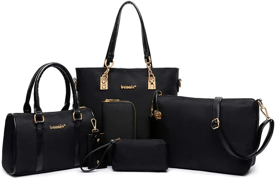 Nylon 6 PCS Women Shoulder Bag Top-Handle Handbag Tote Purse Wallet Key Case Set
