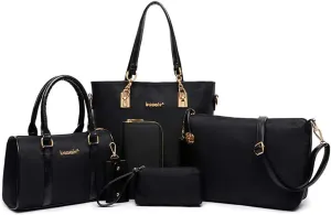 Nylon 6 PCS Women Shoulder Bag Top-Handle Handbag Tote Purse Wallet Key Case Set