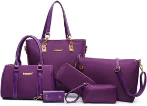 Nylon 6 PCS Women Shoulder Bag Top-Handle Handbag Tote Purse Wallet Key Case Set