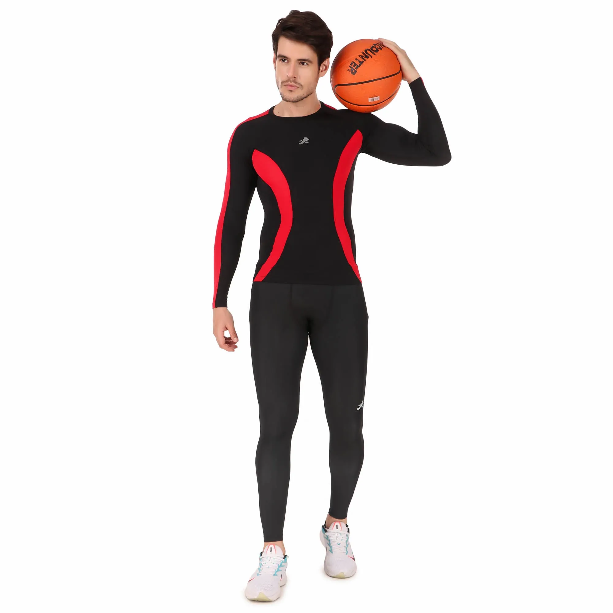 Nylon DC Compression Tshirt Fullsleeves Tights For Men (Black/Red)