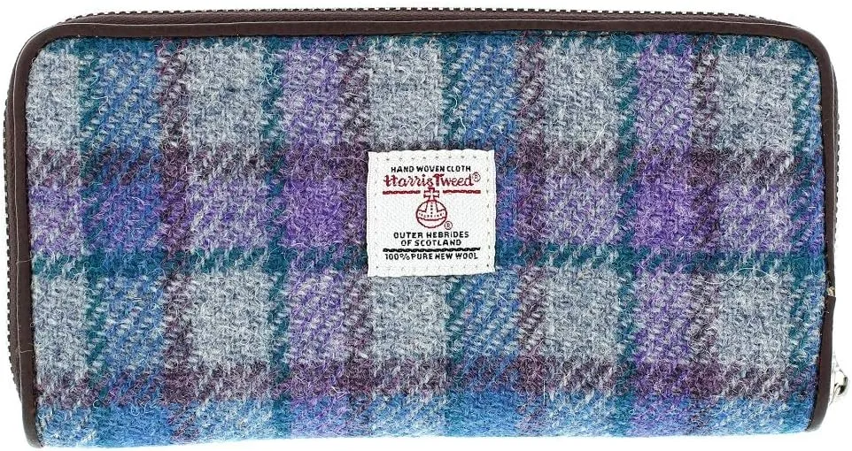 of Scotland Harris Tweed Wallet, Large Zip Purse for Women Made in Scotland (Colour 98 Blue/Purple)