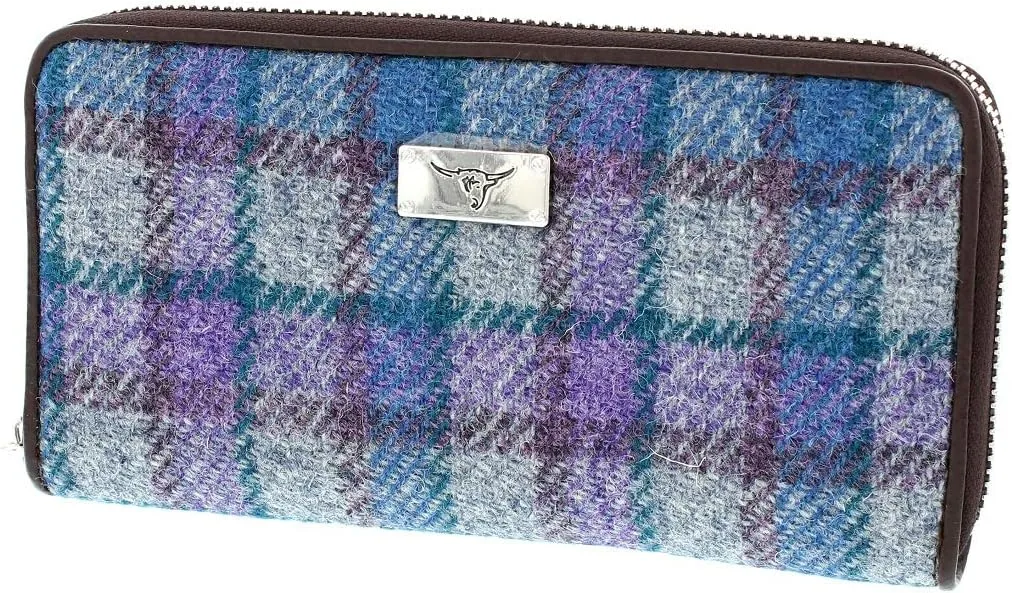 of Scotland Harris Tweed Wallet, Large Zip Purse for Women Made in Scotland (Colour 98 Blue/Purple)