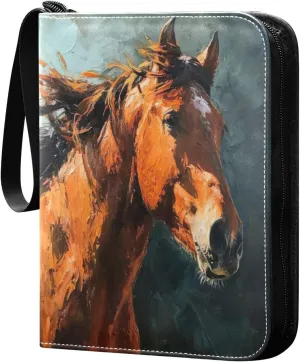 Oil Painting Horse Card Binder 4-Pocket, 400 Pockets Card Holder with 50 Removable Sleeves and Zipper for Games Baseball Football Sports Card