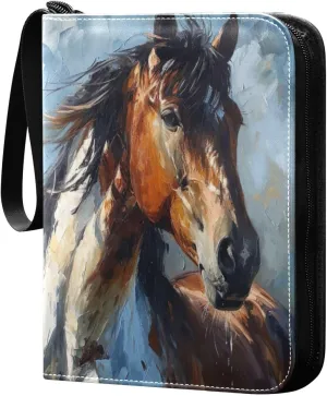 Oil Painting Horse Card Binder 4-Pocket, 400 Pockets Card Holder with 50 Removable Sleeves and Zipper for Games Baseball Football Sports Card