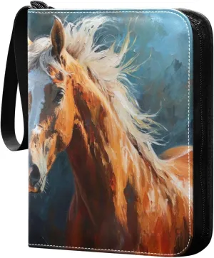 Oil Painting Horse Card Binder 4-Pocket, 400 Pockets Card Holder with 50 Removable Sleeves and Zipper for Games Baseball Football Sports Card