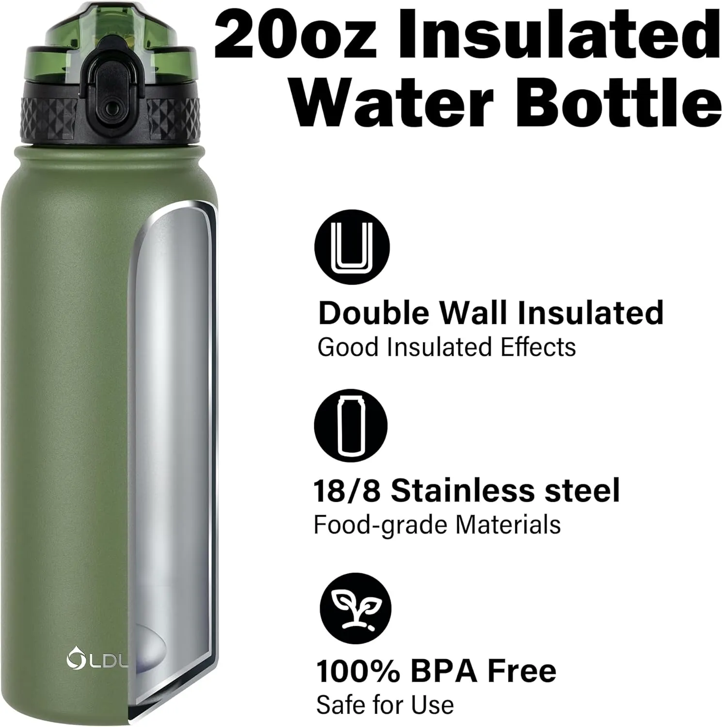 Oldley Insulated Water Bottle 20oz Water Bottles with Straw, Stainless Steel Water Bottle with 3 Lids, Double Wall Vacuum Bottles for Adult Kids, Sports Bottles for School Travel,Olive-green