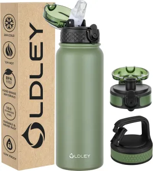 Oldley Insulated Water Bottle 20oz Water Bottles with Straw, Stainless Steel Water Bottle with 3 Lids, Double Wall Vacuum Bottles for Adult Kids, Sports Bottles for School Travel,Olive-green