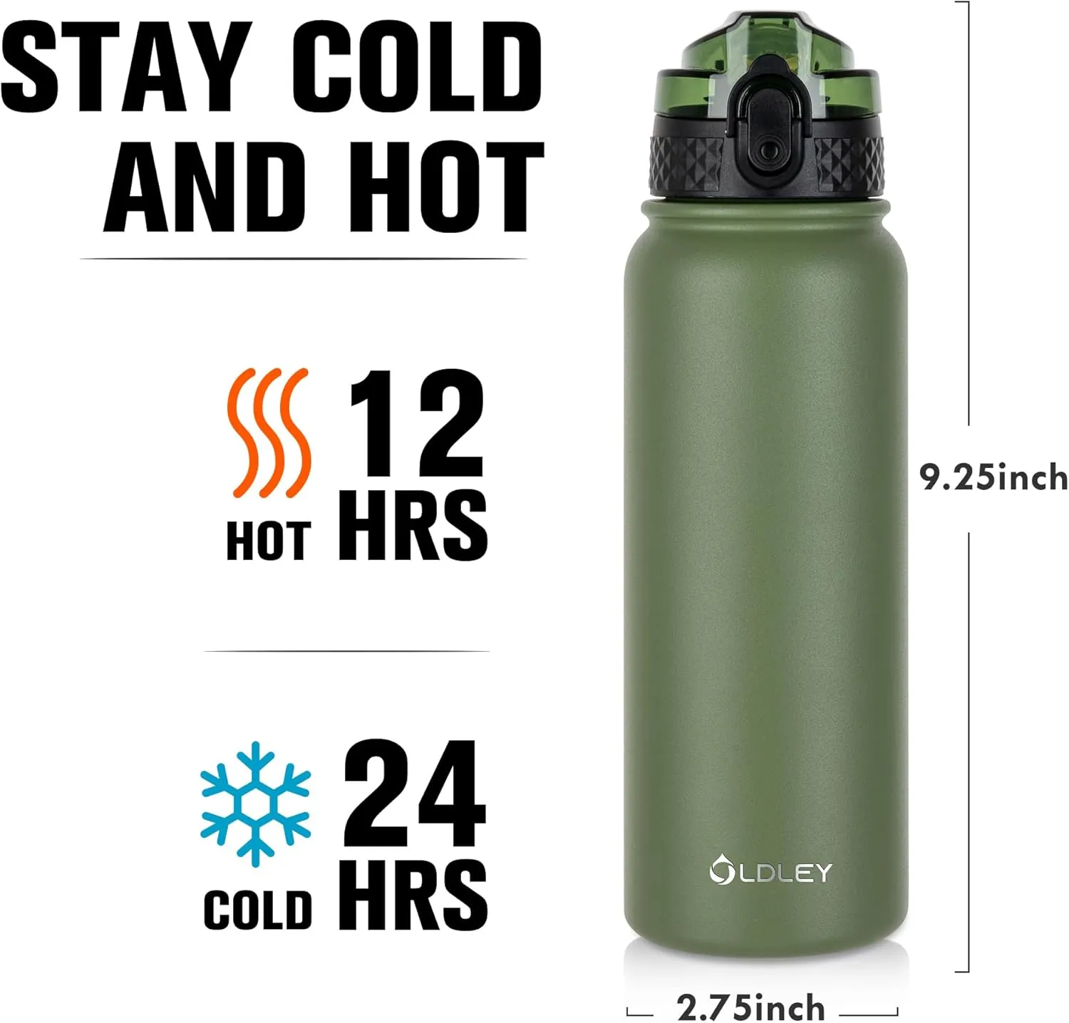 Oldley Insulated Water Bottle 20oz Water Bottles with Straw, Stainless Steel Water Bottle with 3 Lids, Double Wall Vacuum Bottles for Adult Kids, Sports Bottles for School Travel,Olive-green
