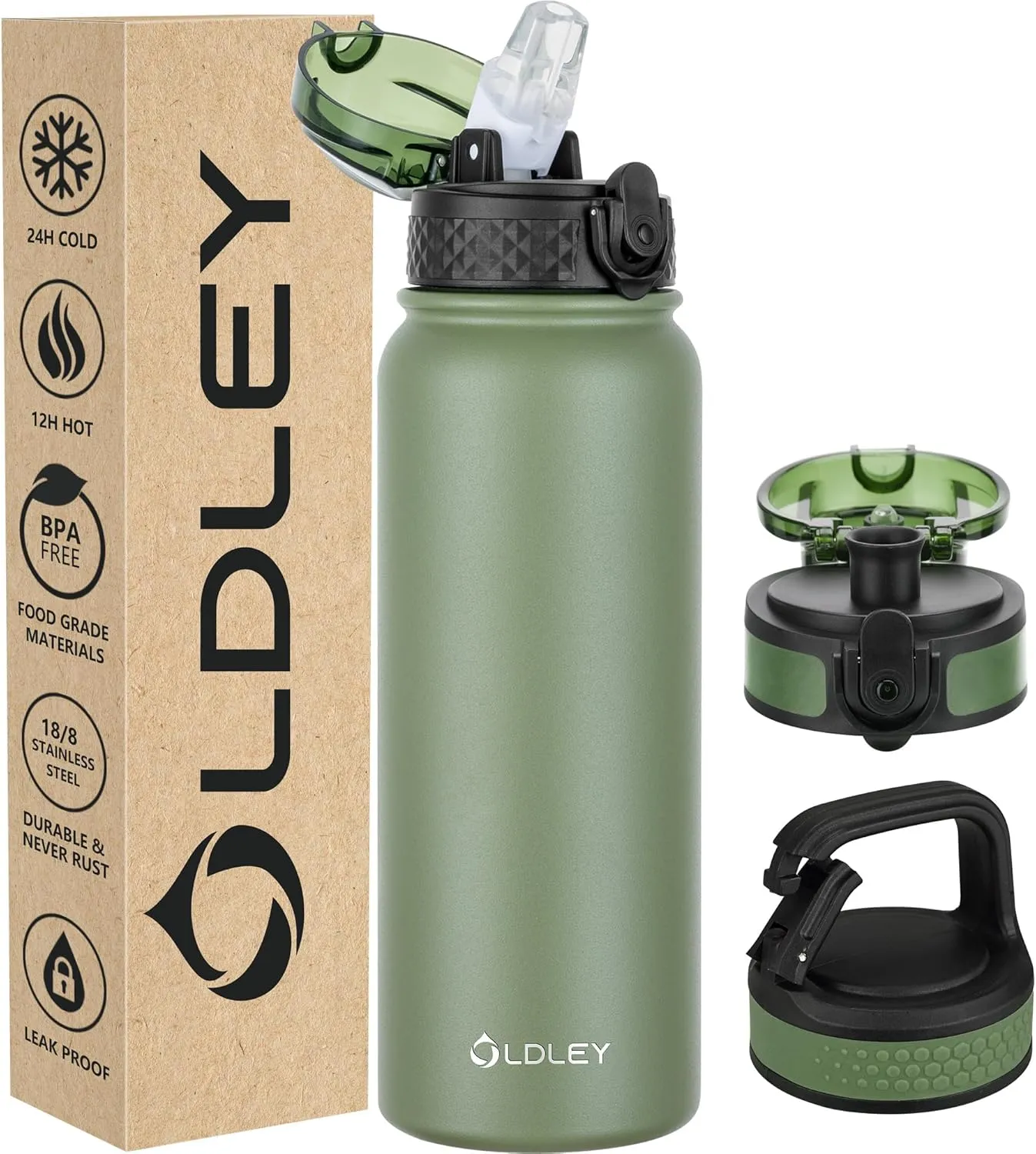Oldley Insulated Water Bottle 20oz Water Bottles with Straw, Stainless Steel Water Bottle with 3 Lids, Double Wall Vacuum Bottles for Adult Kids, Sports Bottles for School Travel,Olive-green