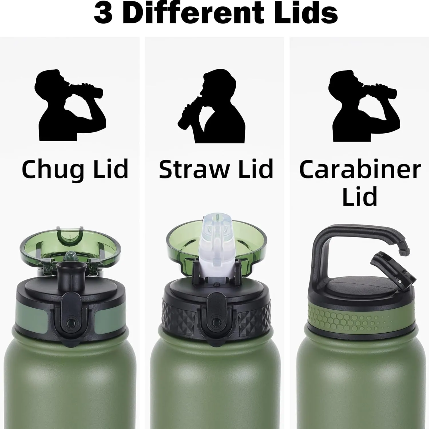 Oldley Insulated Water Bottle 20oz Water Bottles with Straw, Stainless Steel Water Bottle with 3 Lids, Double Wall Vacuum Bottles for Adult Kids, Sports Bottles for School Travel,Olive-green