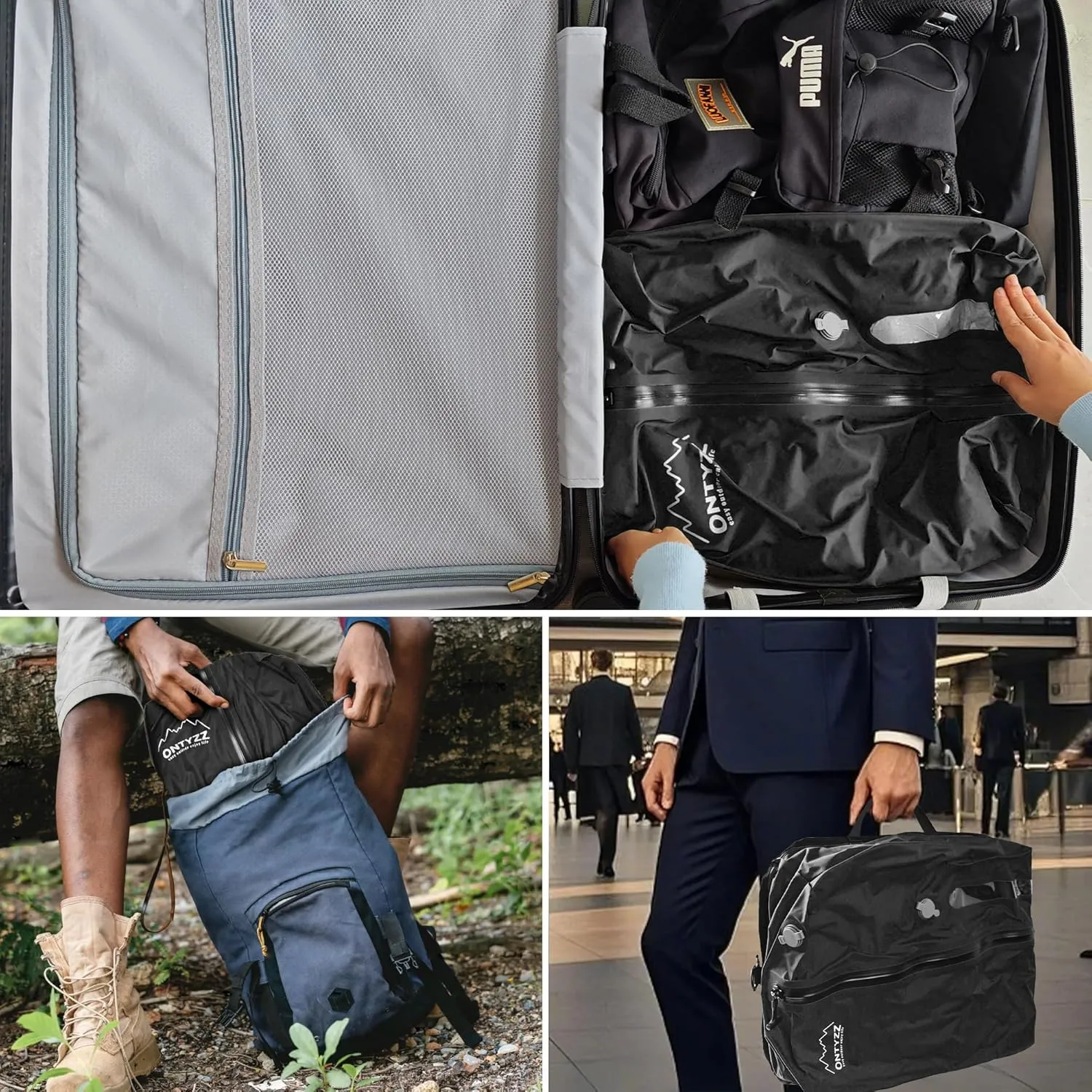 ONTYZZ Travel Vacuum Compression Bags Reusable Compression Bag with IP67 Waterproof Zipper Space Saver Vacuum Bags for Suitcase,Two Pack Black