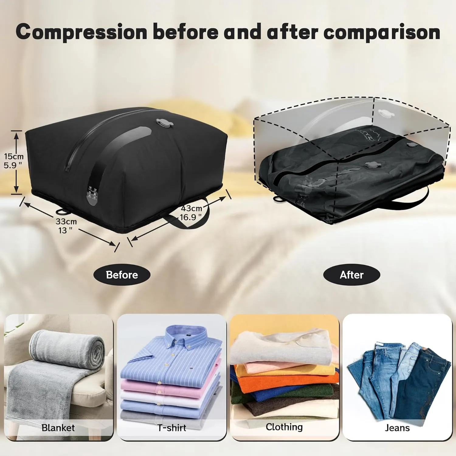 ONTYZZ Travel Vacuum Compression Bags Reusable Compression Bag with IP67 Waterproof Zipper Space Saver Vacuum Bags for Suitcase,Two Pack Black