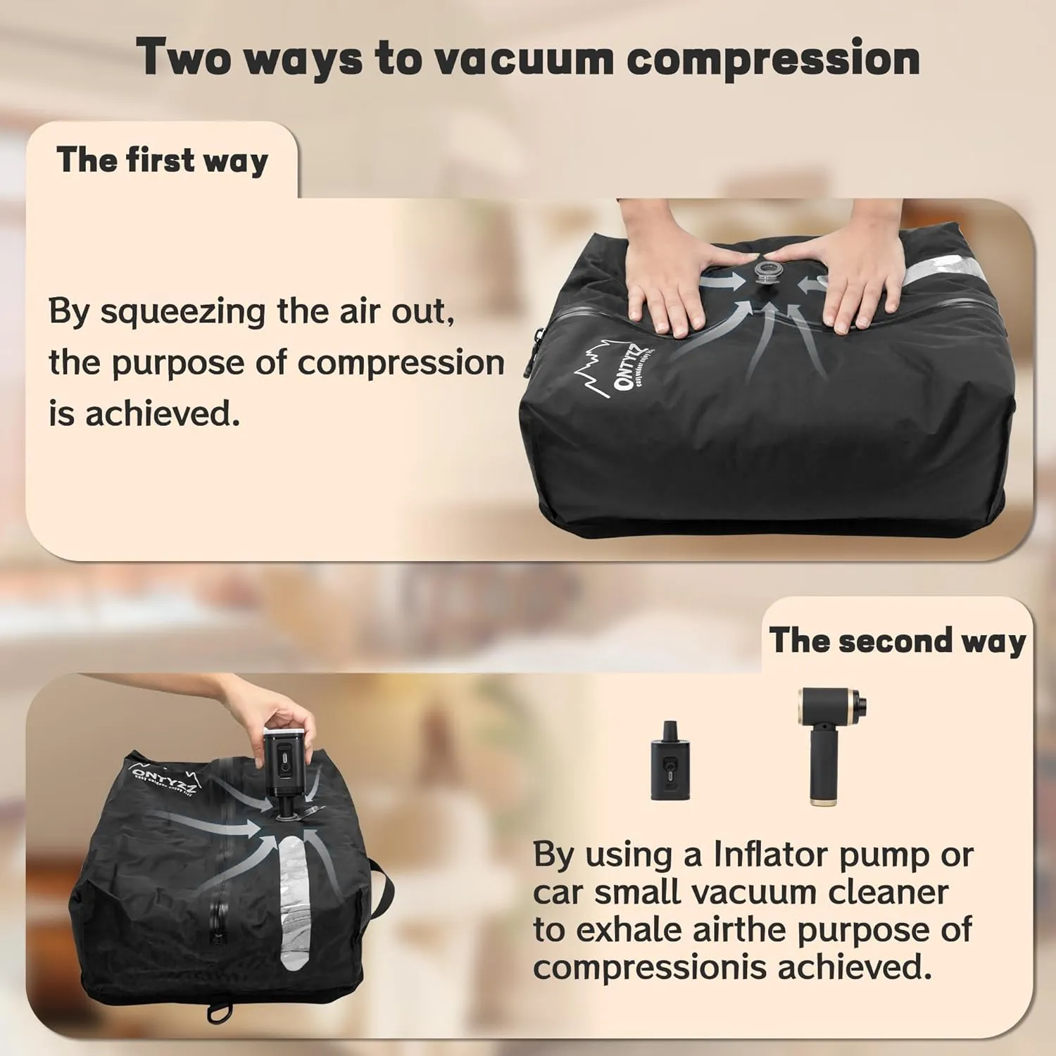 ONTYZZ Travel Vacuum Compression Bags Reusable Compression Bag with IP67 Waterproof Zipper Space Saver Vacuum Bags for Suitcase,Two Pack Black