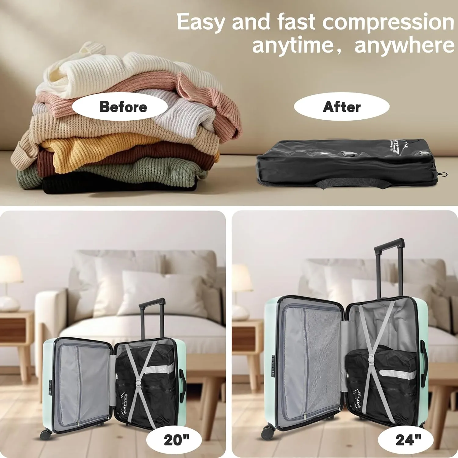 ONTYZZ Travel Vacuum Compression Bags Reusable Compression Bag with IP67 Waterproof Zipper Space Saver Vacuum Bags for Suitcase,Two Pack Black