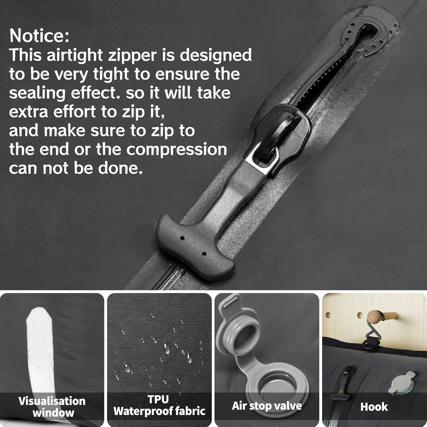 ONTYZZ Travel Vacuum Compression Bags Reusable Compression Bag with IP67 Waterproof Zipper Space Saver Vacuum Bags for Suitcase,Two Pack Black