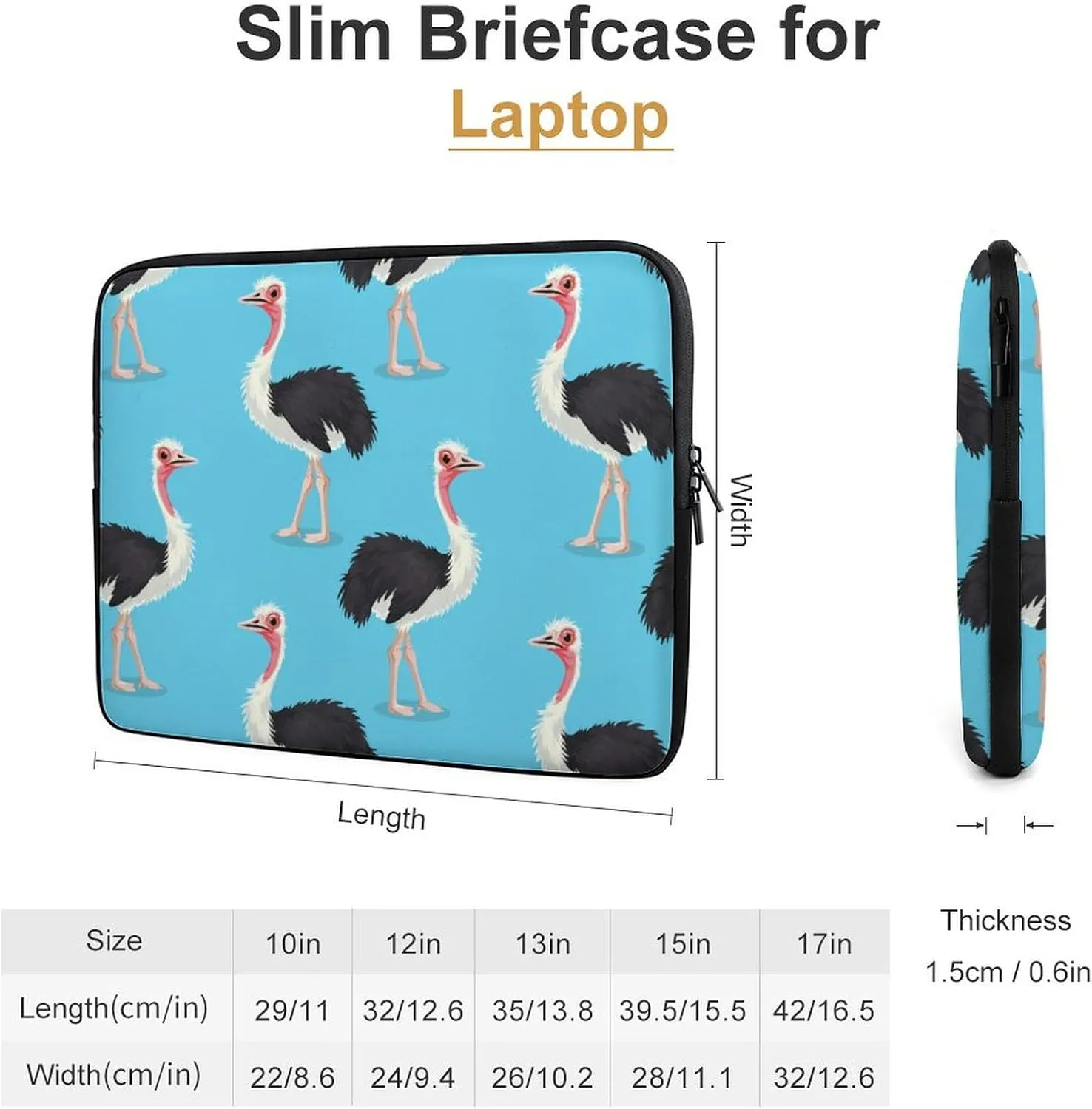Ostrich Bird Print Laptop Sleeve Bag Waterproof Shockproof Notebook Cover Tablet Carrying Sleeve Case 17inch