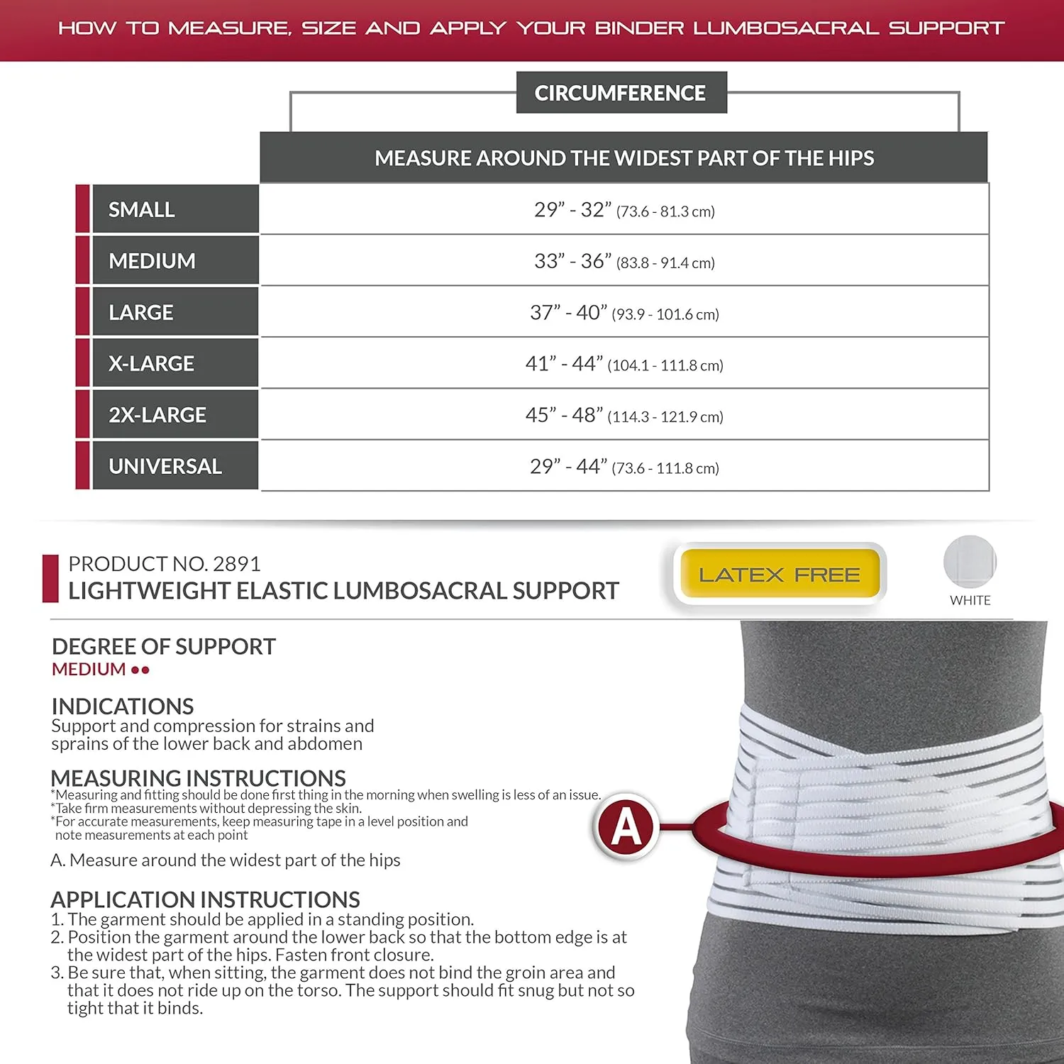 OTC Lumbosacral Support, 7-inch Lower Back, Lightweight Compression, Elastic, White, Large