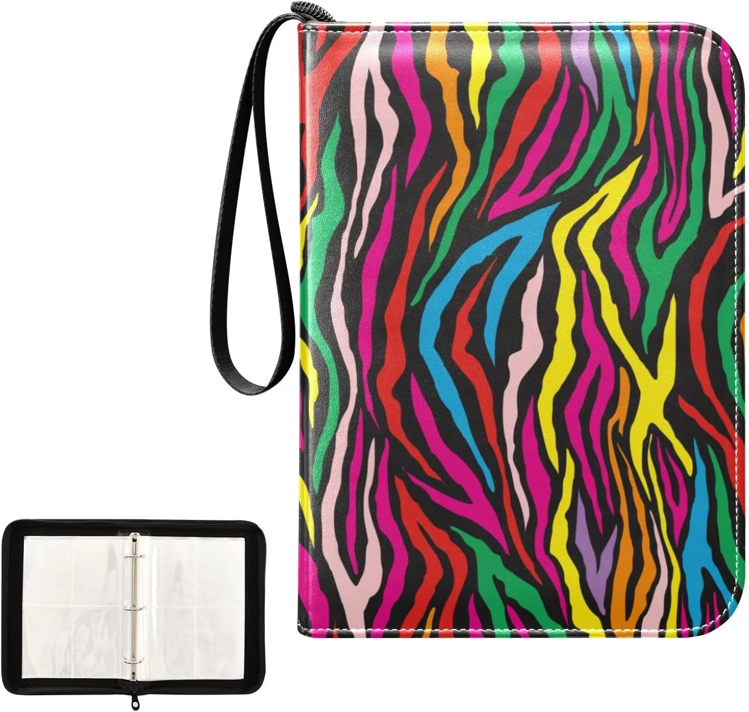 OTVEE Card Binder Rainbow Zebra Print Colorful Trading Card Album with 50 Removable Sleeves Fits 400 Cards