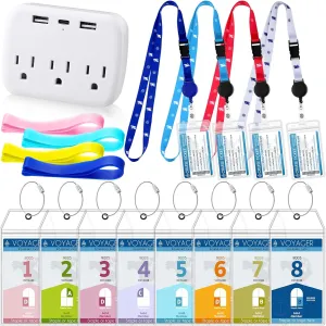 Oudain Carnival Cruise Ship Essentials Kit, 8 Waterproof Luggage Tag Holders, 4 Lanyards for Ship Cards, 4 Towel Bands and Cruise Approved Power Strip for 2025 Travel Major Lines(Bright Sailing)