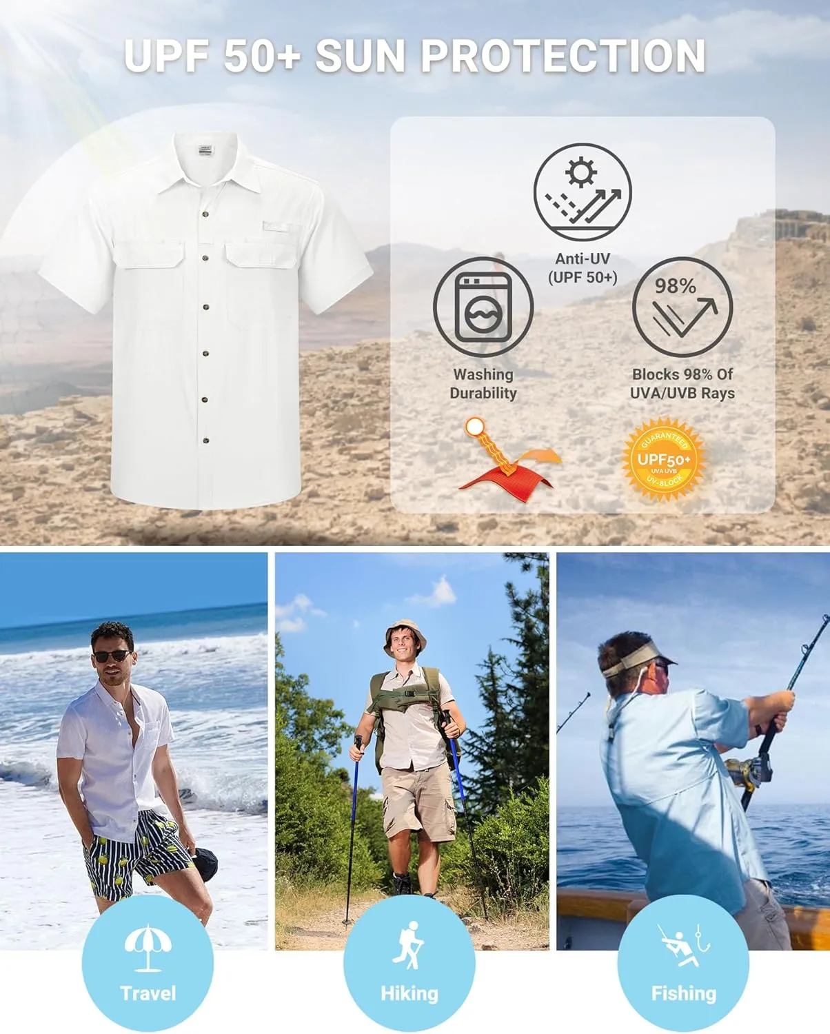 Outdoor Ventures Men's Lightweight Short Sleeve Fishing Shirt UPF 50 Button Down Quick Dry Cooling Hiking Travel Safari Shirt