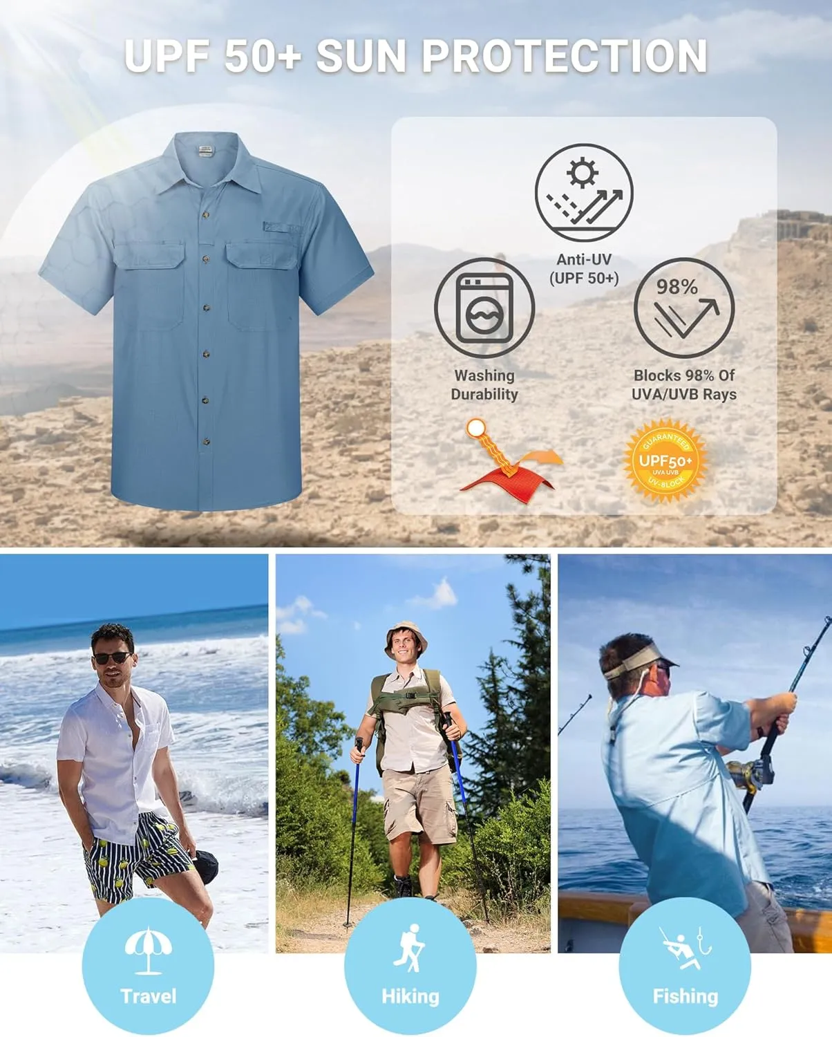 Outdoor Ventures Men's Lightweight Short Sleeve Fishing Shirt UPF 50 Button Down Quick Dry Cooling Hiking Travel Safari Shirt