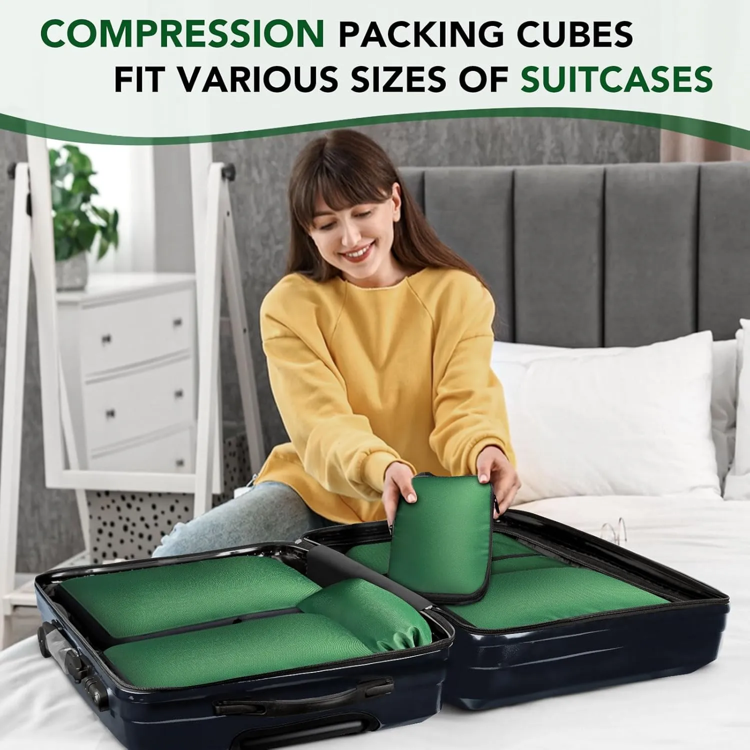 Packing Cubes for Travel, 6 Set Lightweight Compression Bags - Luggage Suitcase Organizer Essentials, Expandable Accessories for Carry on Suitcases, Green