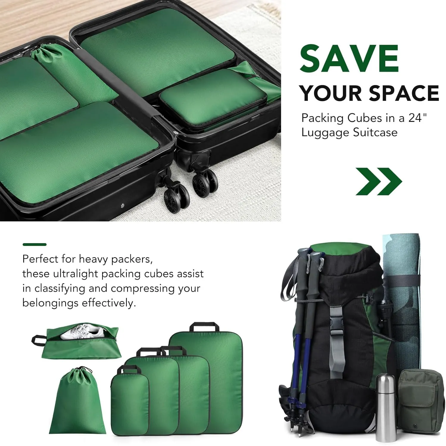 Packing Cubes for Travel, 6 Set Lightweight Compression Bags - Luggage Suitcase Organizer Essentials, Expandable Accessories for Carry on Suitcases, Green