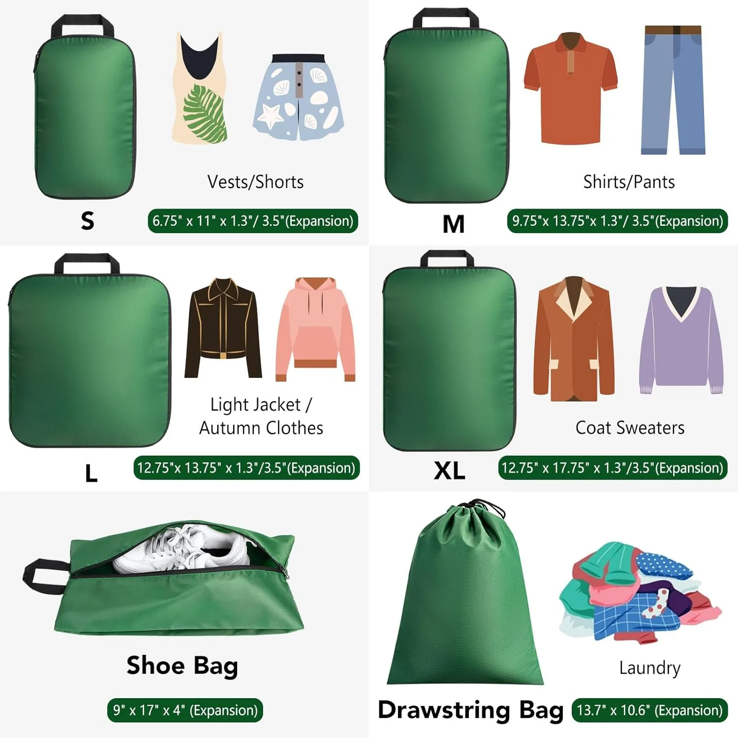 Packing Cubes for Travel, 6 Set Lightweight Compression Bags - Luggage Suitcase Organizer Essentials, Expandable Accessories for Carry on Suitcases, Green