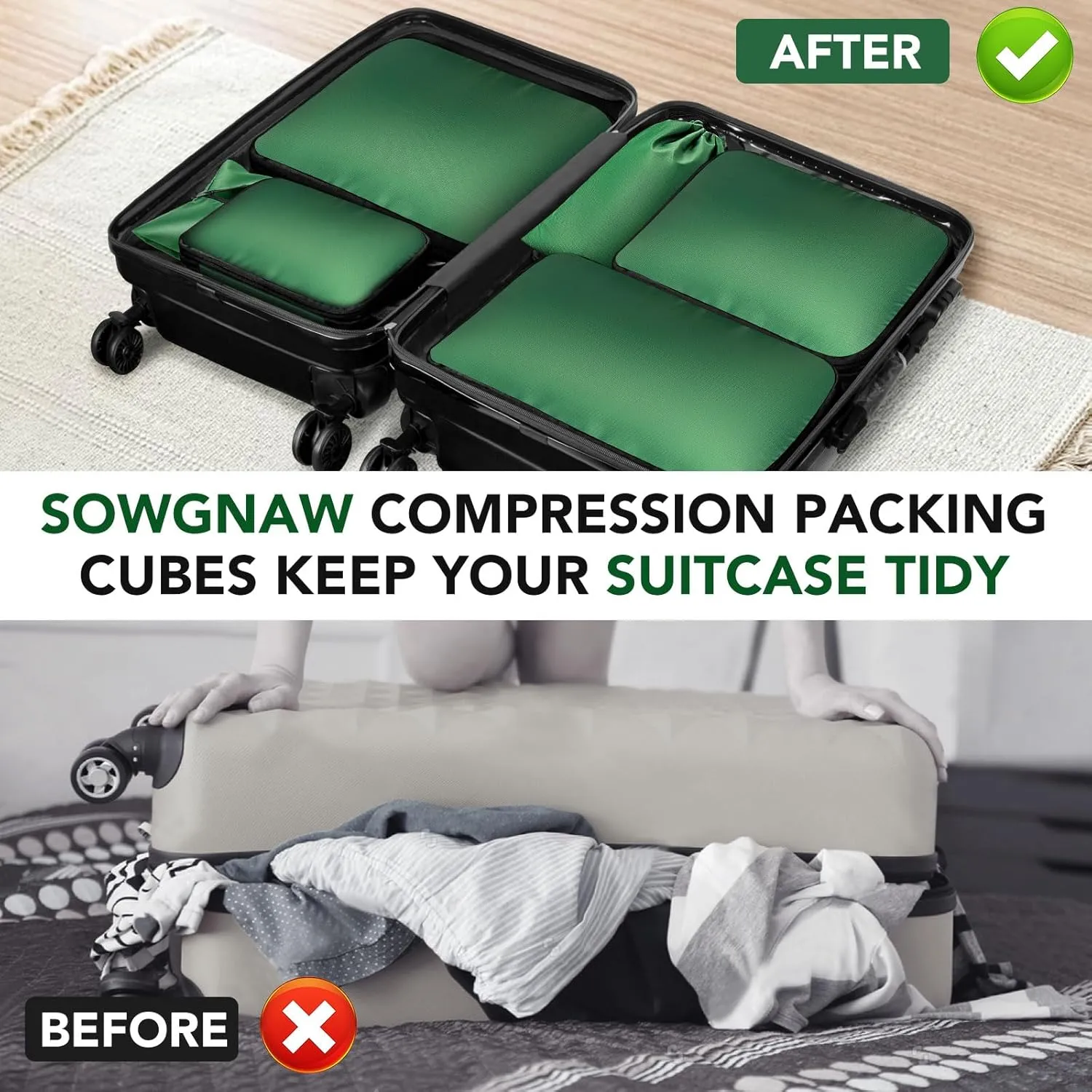Packing Cubes for Travel, 6 Set Lightweight Compression Bags - Luggage Suitcase Organizer Essentials, Expandable Accessories for Carry on Suitcases, Green