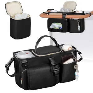 Parent Console Stroller Organizer Compatible with WONDERFOLD W2, Wagon Stroller Caddy with 2 Insulated Cup Holders, A Removable Cooler Bag, Black (Empty Bag)