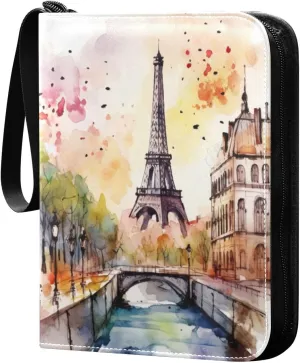 Paris Tower Painting Card Binder with 50 Removable Page Sleeves PU Leather Collectible Trading Card Albums Book with Zipper for Games Card,Baseball Cards